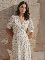 Floral V Neck Puff Sleeve Mermaid Maxi Dress