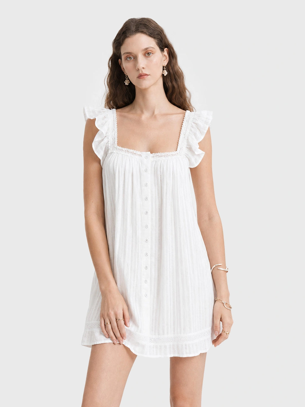 Flutter-Sleeve Button Cotton A-line Mini Dress