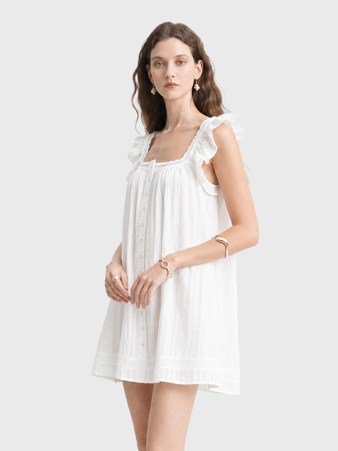 Flutter-Sleeve Button Cotton A-line Mini Dress