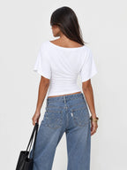 Flutter Sleeve Asymmetric Neck Slim T-Shirt