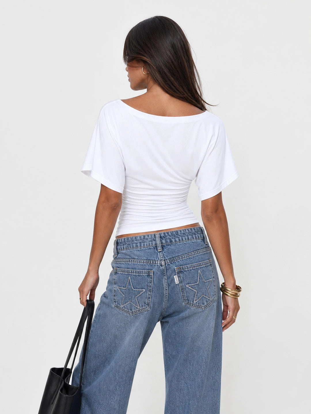Flutter Sleeve Asymmetric Neck Slim T-Shirt