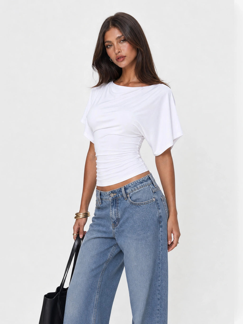 Flutter Sleeve Asymmetric Neck Slim T-Shirt