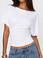 Flutter Sleeve Asymmetric Neck Slim T-Shirt