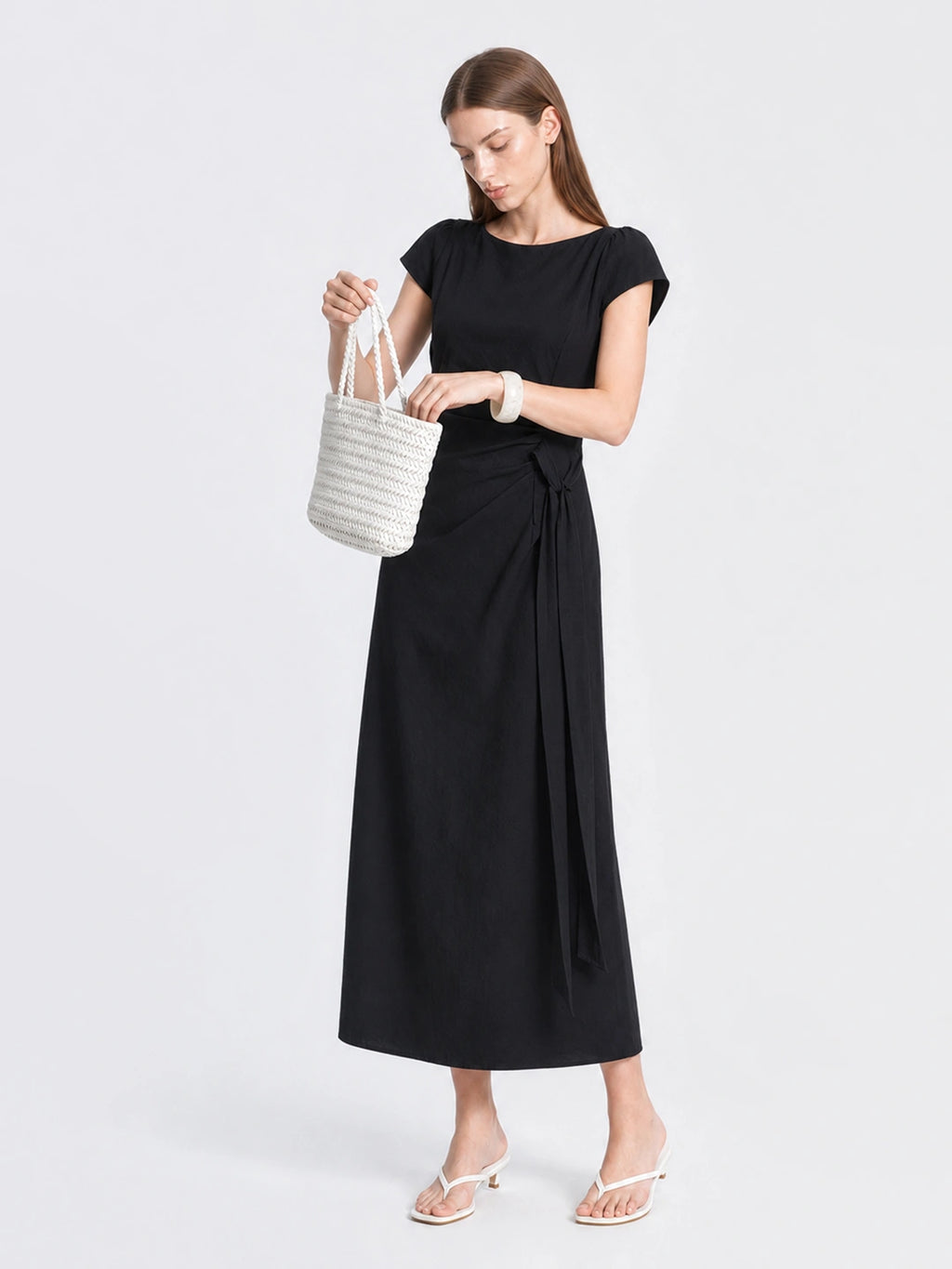 French Lyocell Ruched Tie Waist Midi Dress
