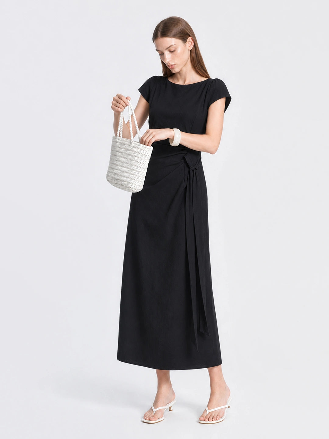French Lyocell Ruched Tie Waist Midi Dress