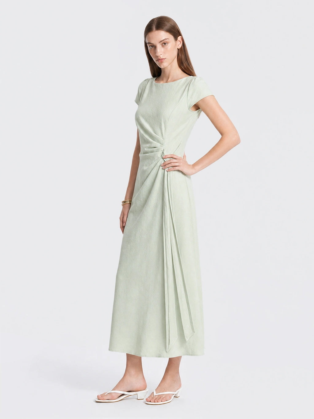 French Lyocell Ruched Tie Waist Midi Dress