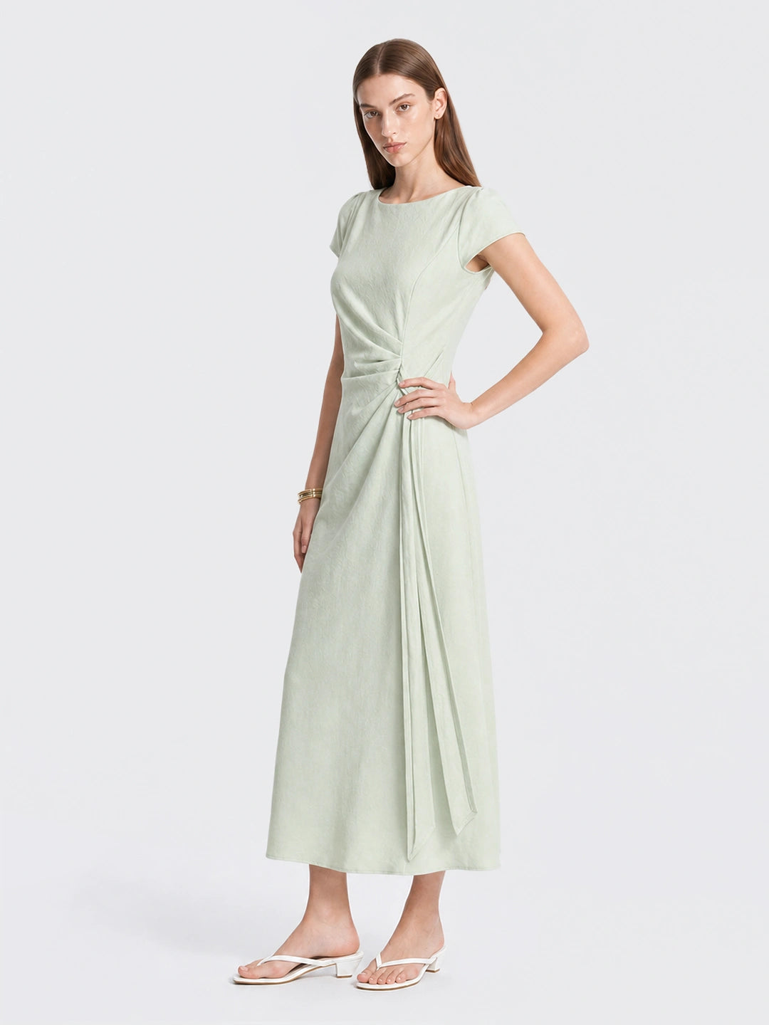 French Lyocell Ruched Tie Waist Midi Dress