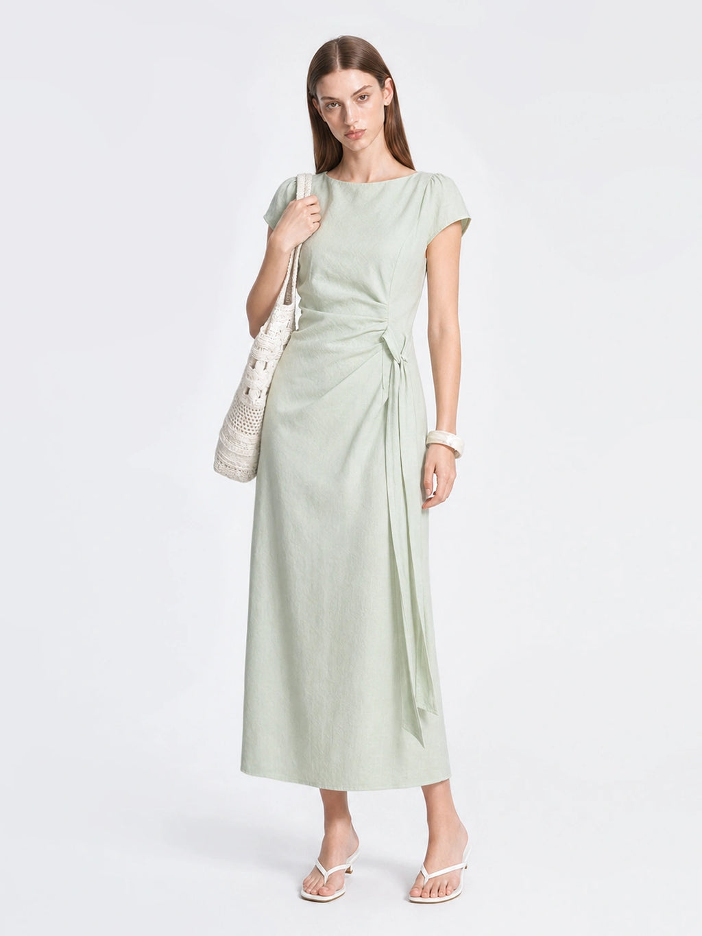 French Lyocell Ruched Tie Waist Midi Dress