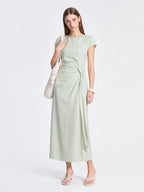 French Lyocell Ruched Tie Waist Midi Dress