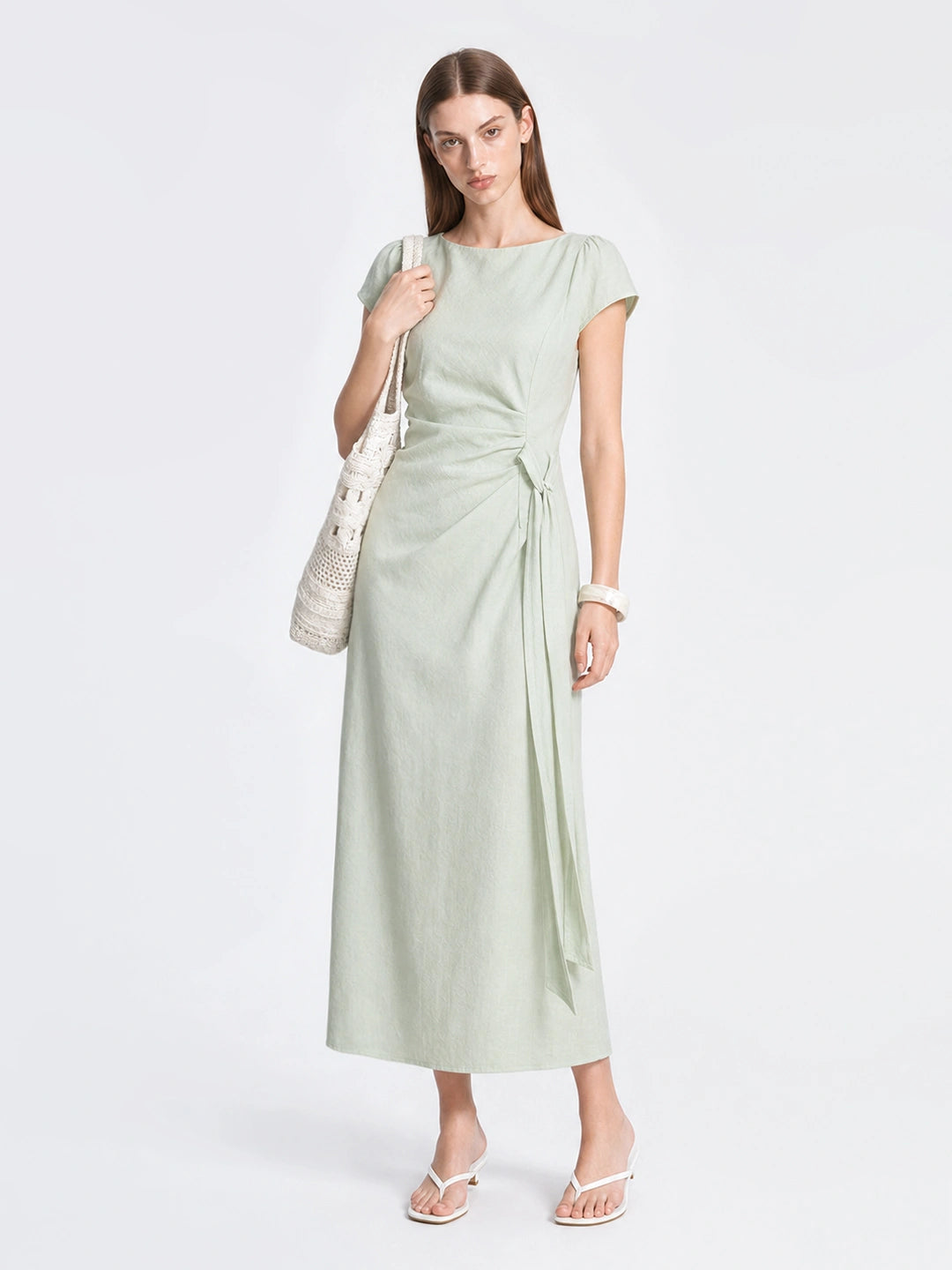 French Lyocell Ruched Tie Waist Midi Dress
