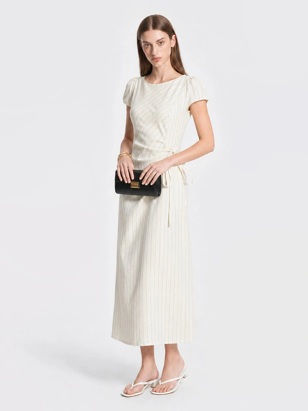 French Lyocell Ruched Tie Waist Midi Dress