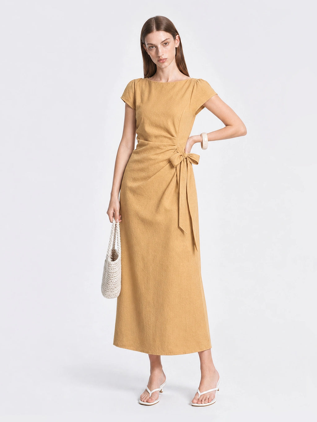 French Lyocell Ruched Tie Waist Midi Dress