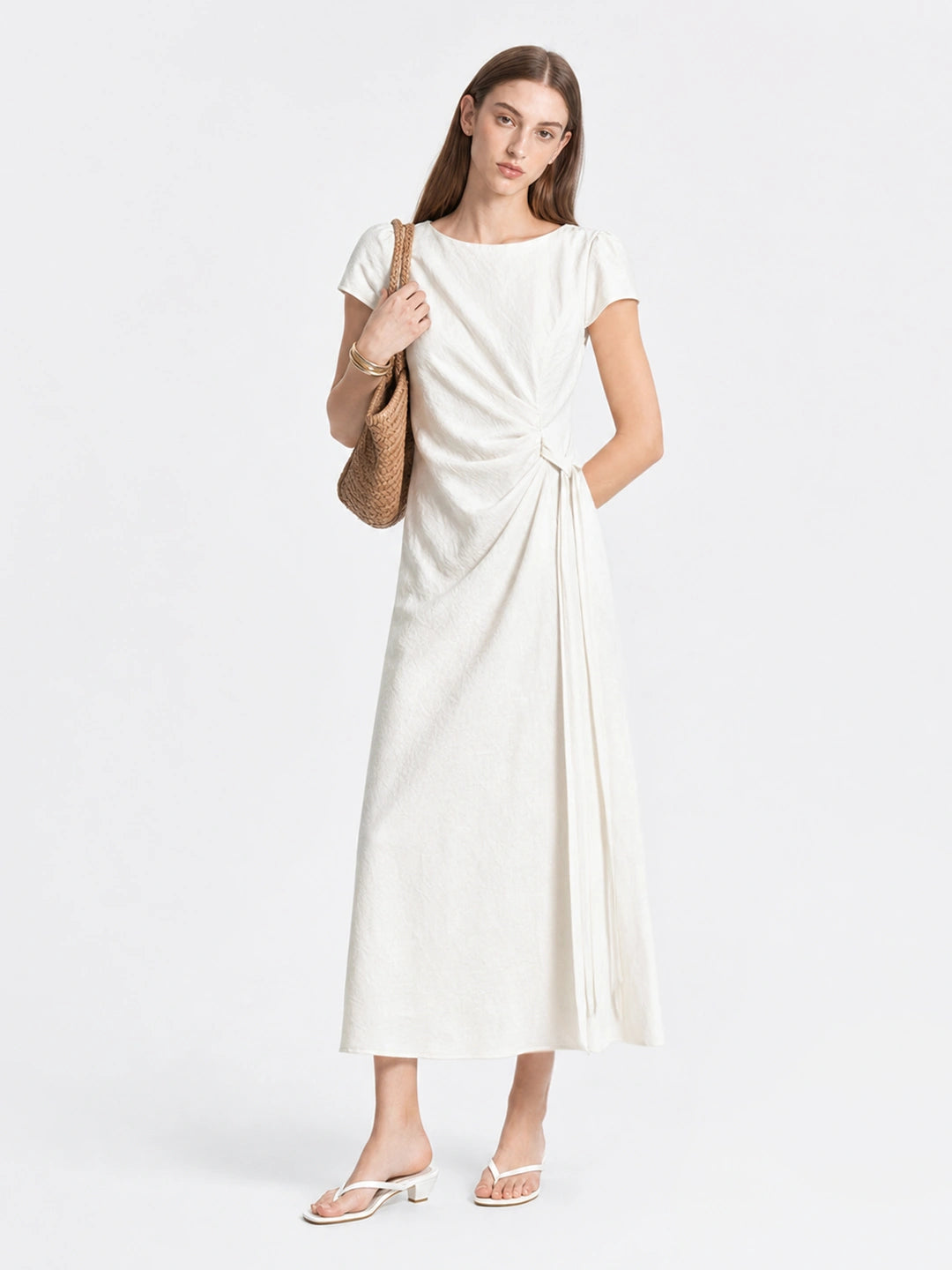French Lyocell Ruched Tie Waist Midi Dress