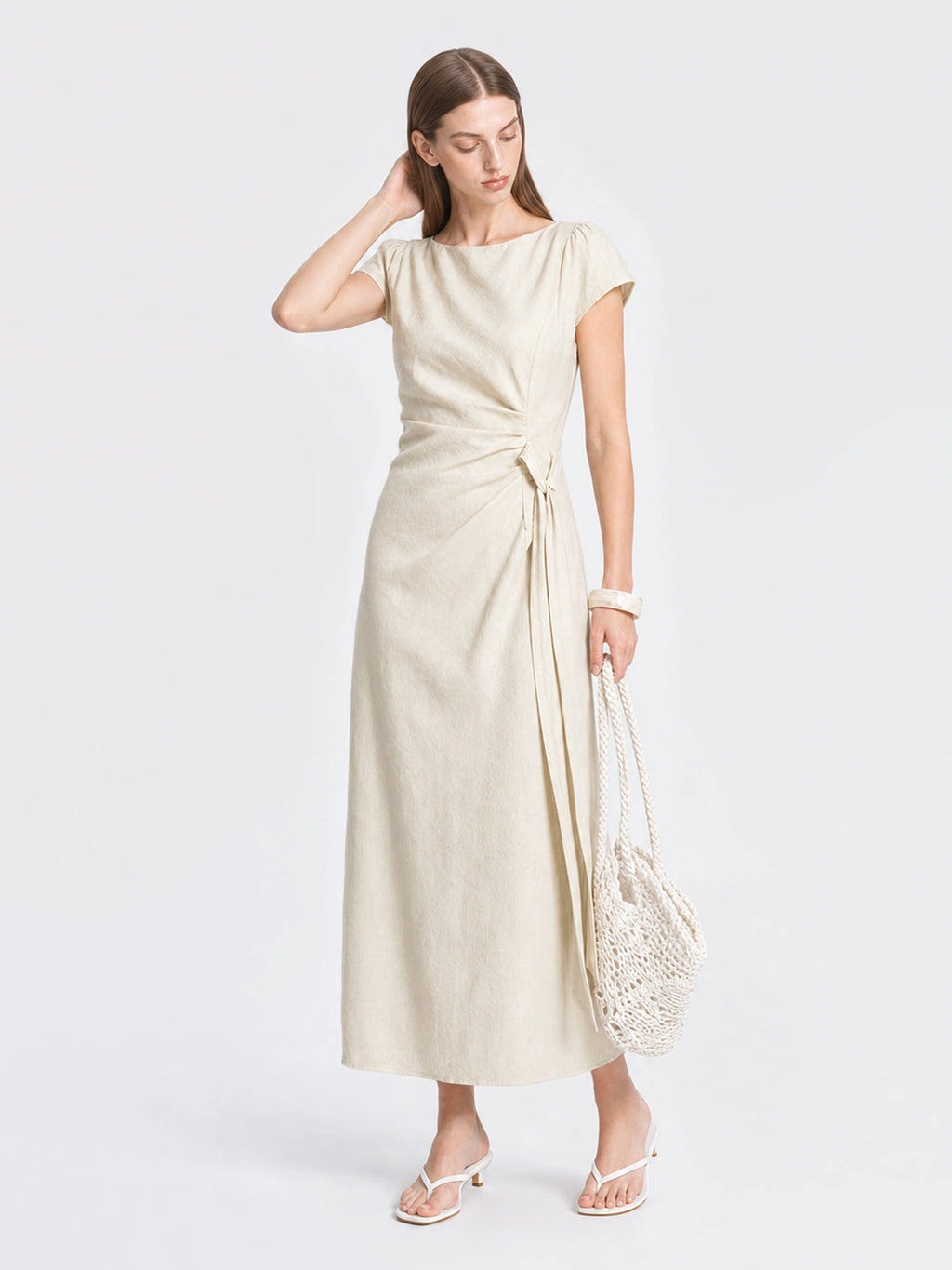 French Lyocell Ruched Tie Waist Midi Dress