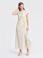 French Lyocell Ruched Tie Waist Midi Dress