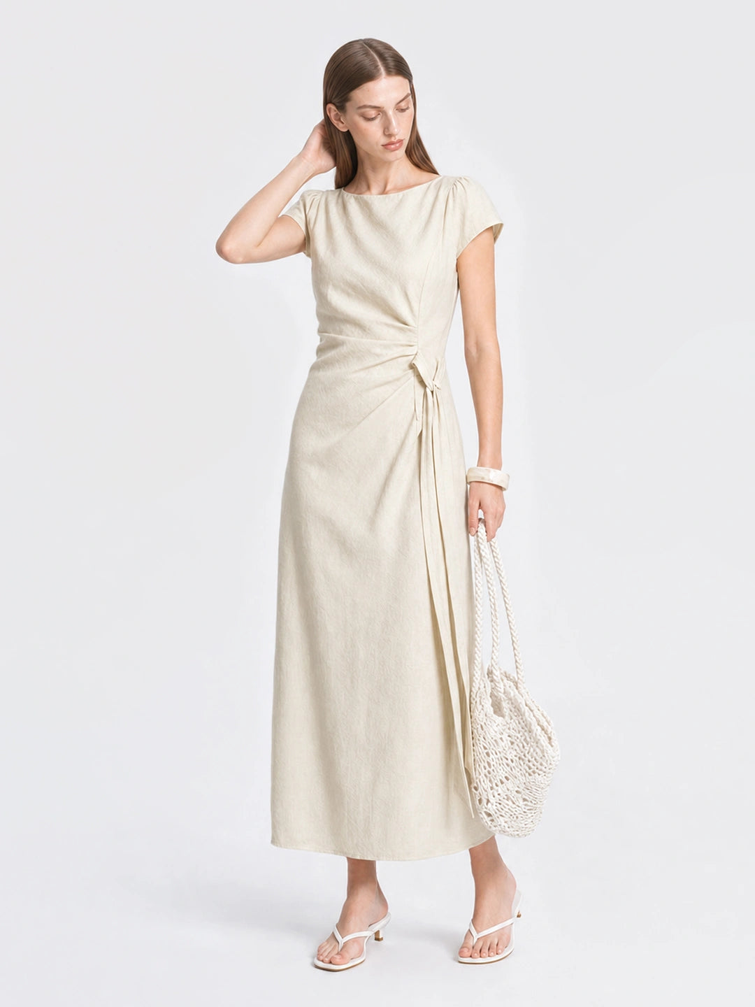 French Lyocell Ruched Tie Waist Midi Dress