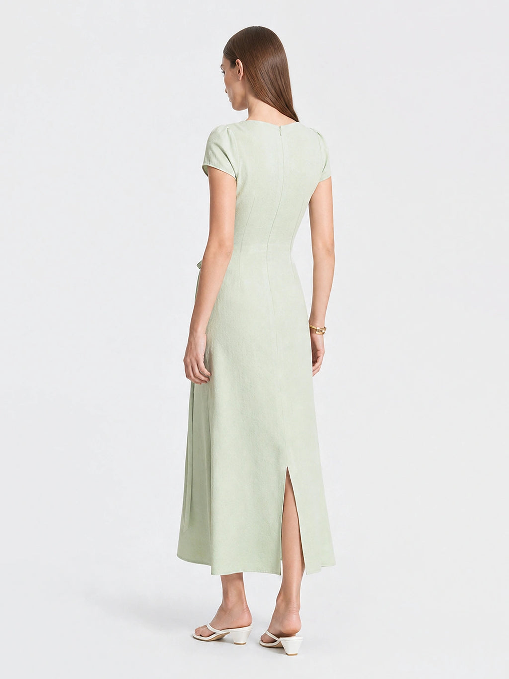 French Lyocell Ruched Tie Waist Midi Dress