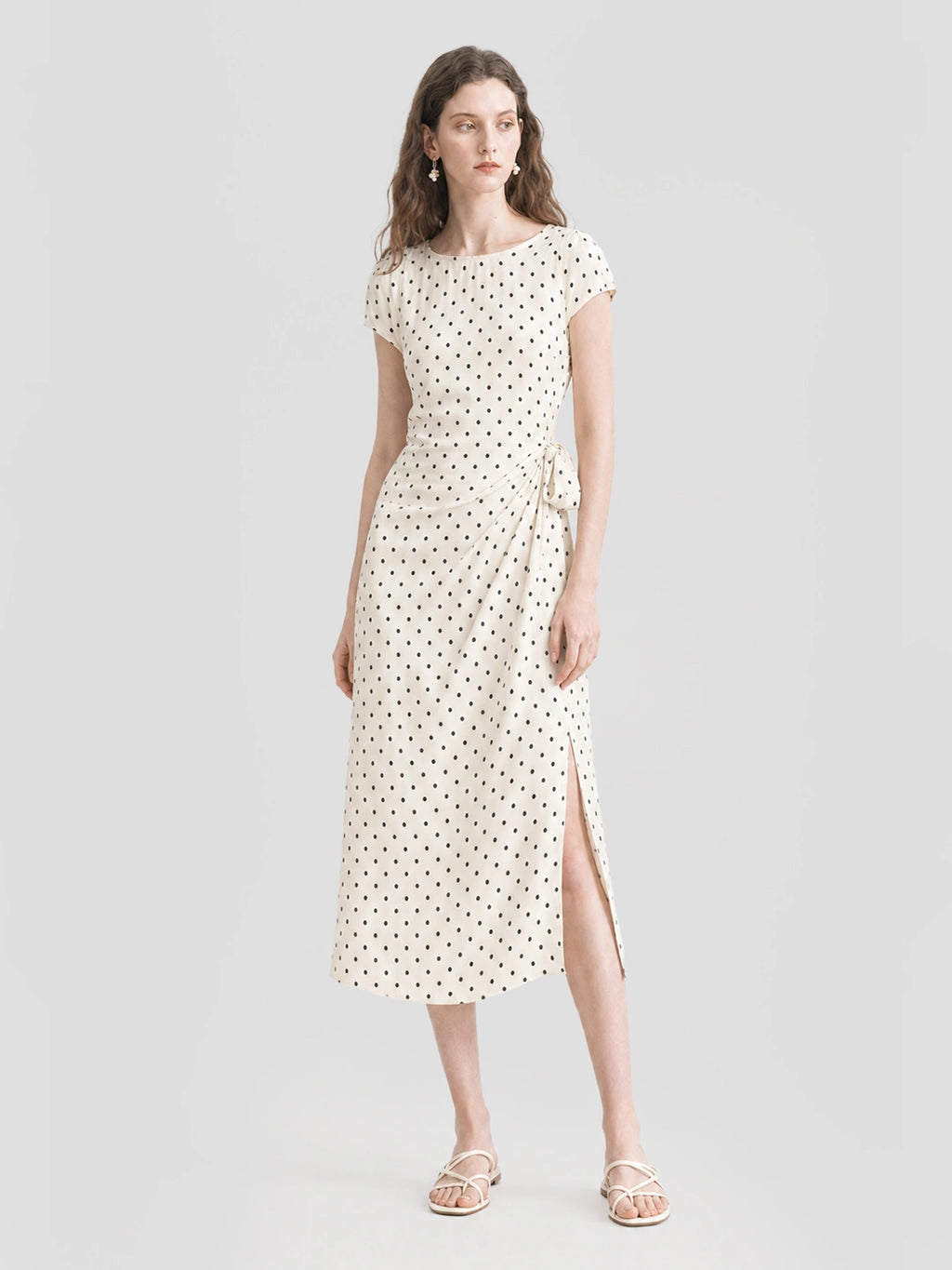 French Polka Dot Tie Waist Slit Midi Dress
