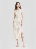 French Polka Dot Tie Waist Slit Midi Dress