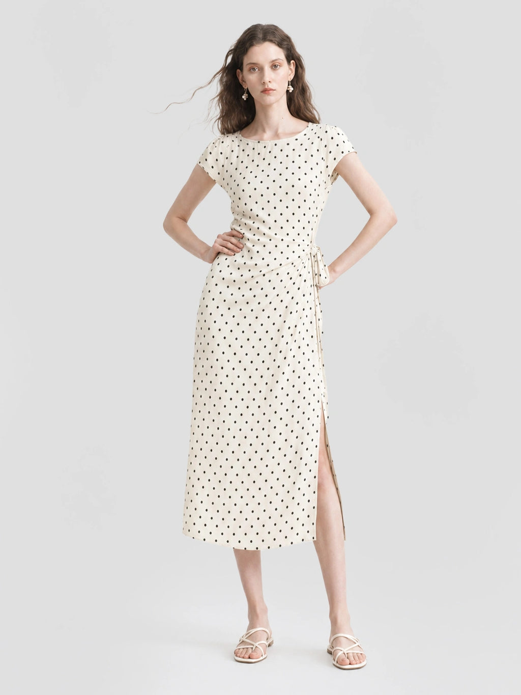 French Polka Dot Tie Waist Slit Midi Dress