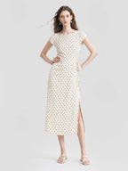 French Polka Dot Tie Waist Slit Midi Dress