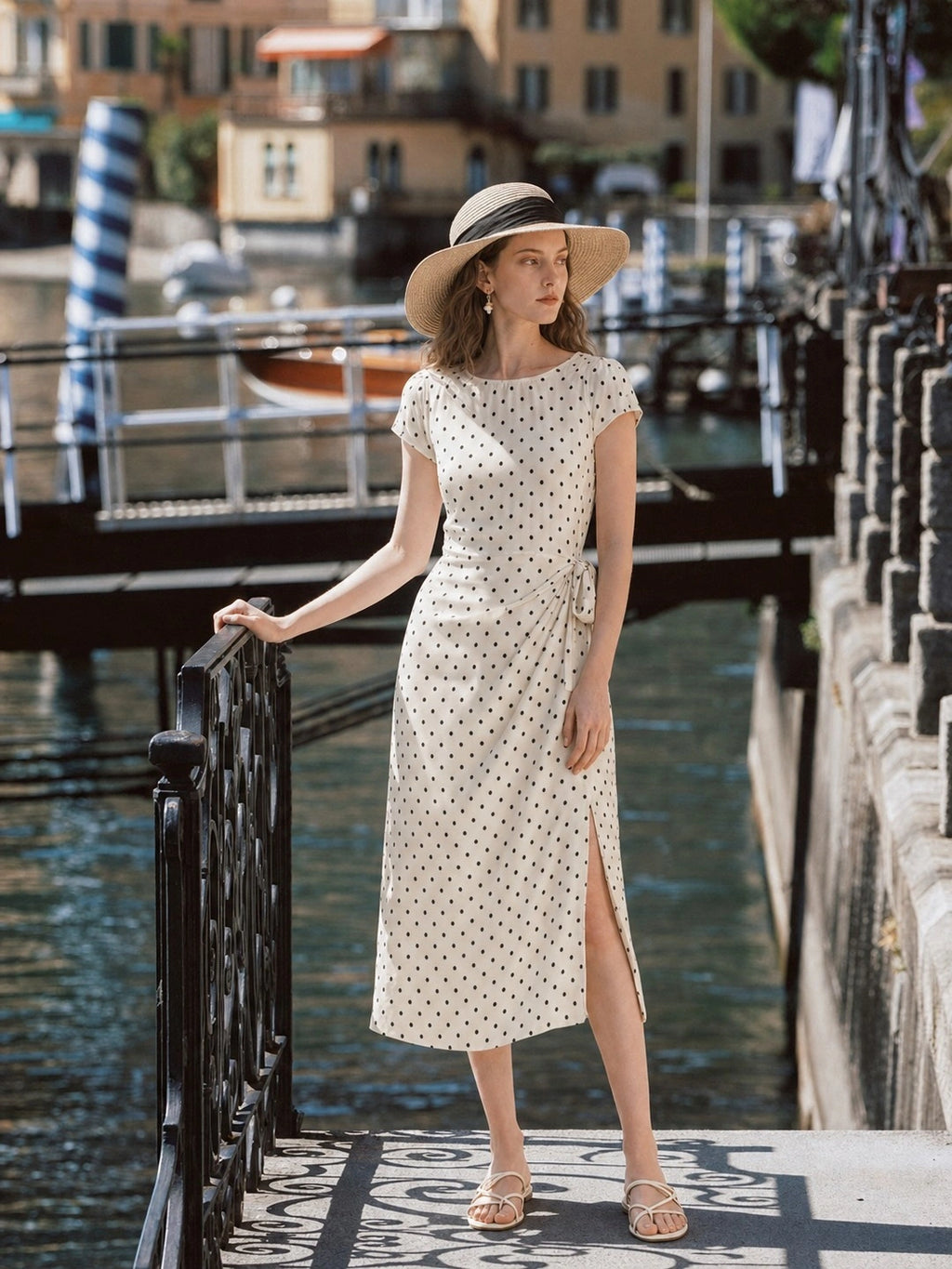French Polka Dot Tie Waist Slit Midi Dress