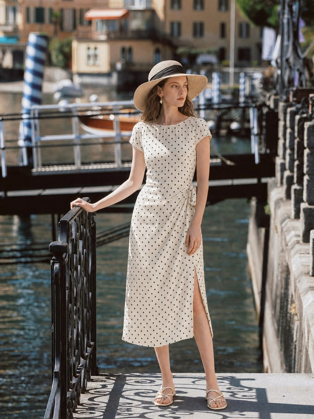 French Polka Dot Tie Waist Slit Midi Dress
