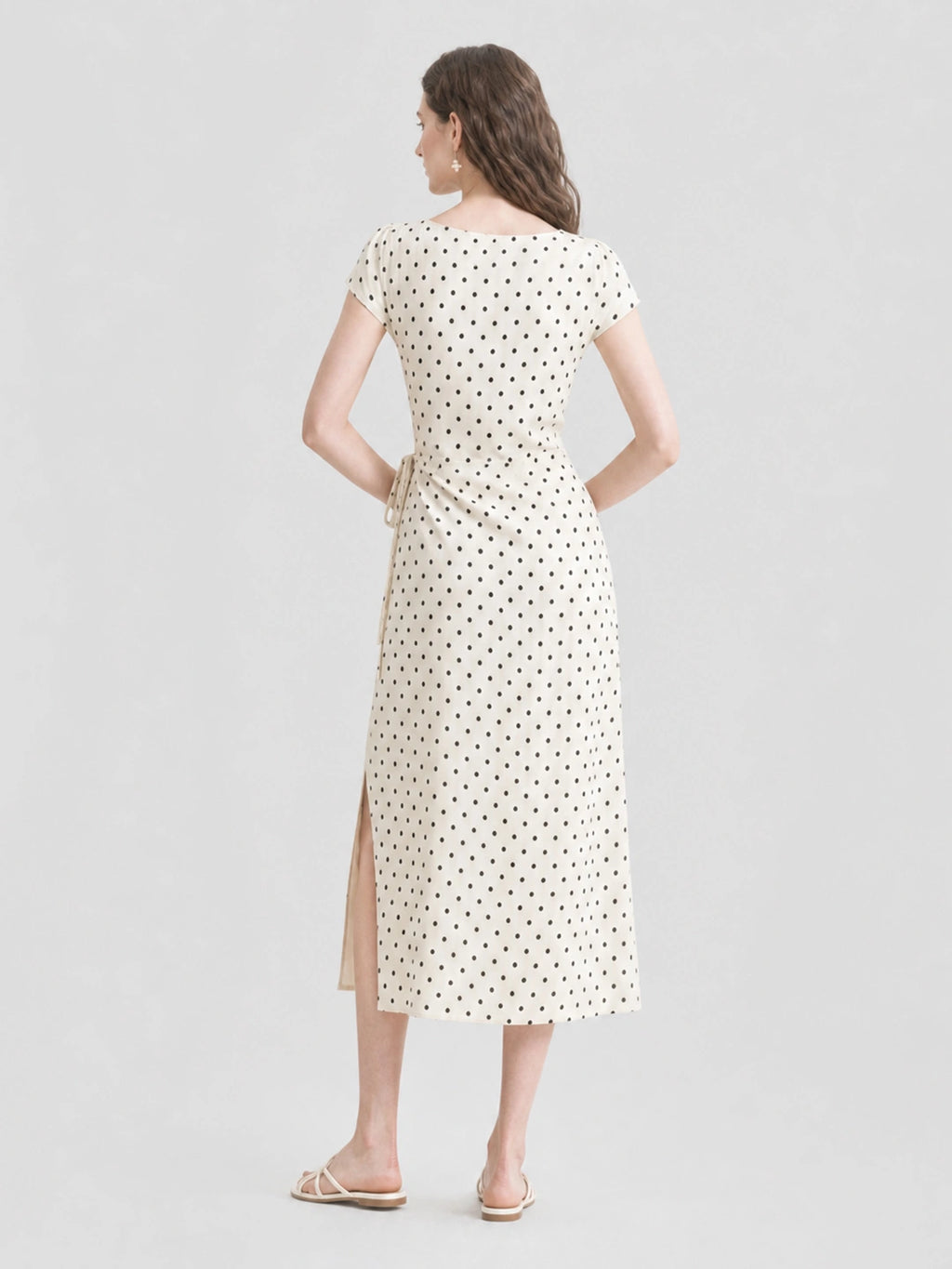French Polka Dot Tie Waist Slit Midi Dress