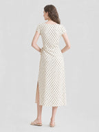 French Polka Dot Tie Waist Slit Midi Dress