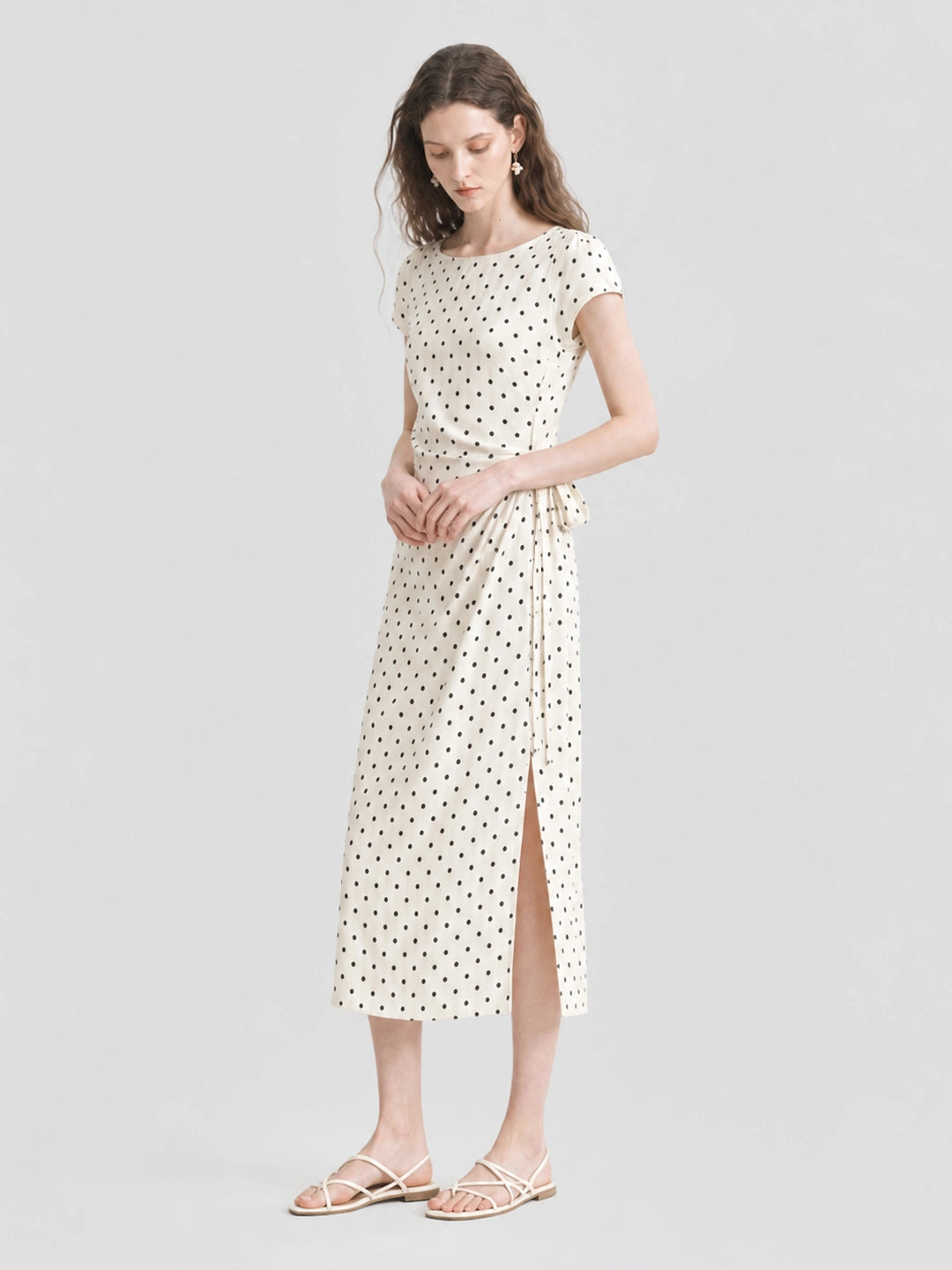 French Polka Dot Tie Waist Slit Midi Dress Secondary image