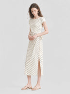 French Polka Dot Tie Waist Slit Midi Dress
