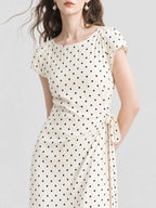 French Polka Dot Tie Waist Slit Midi Dress