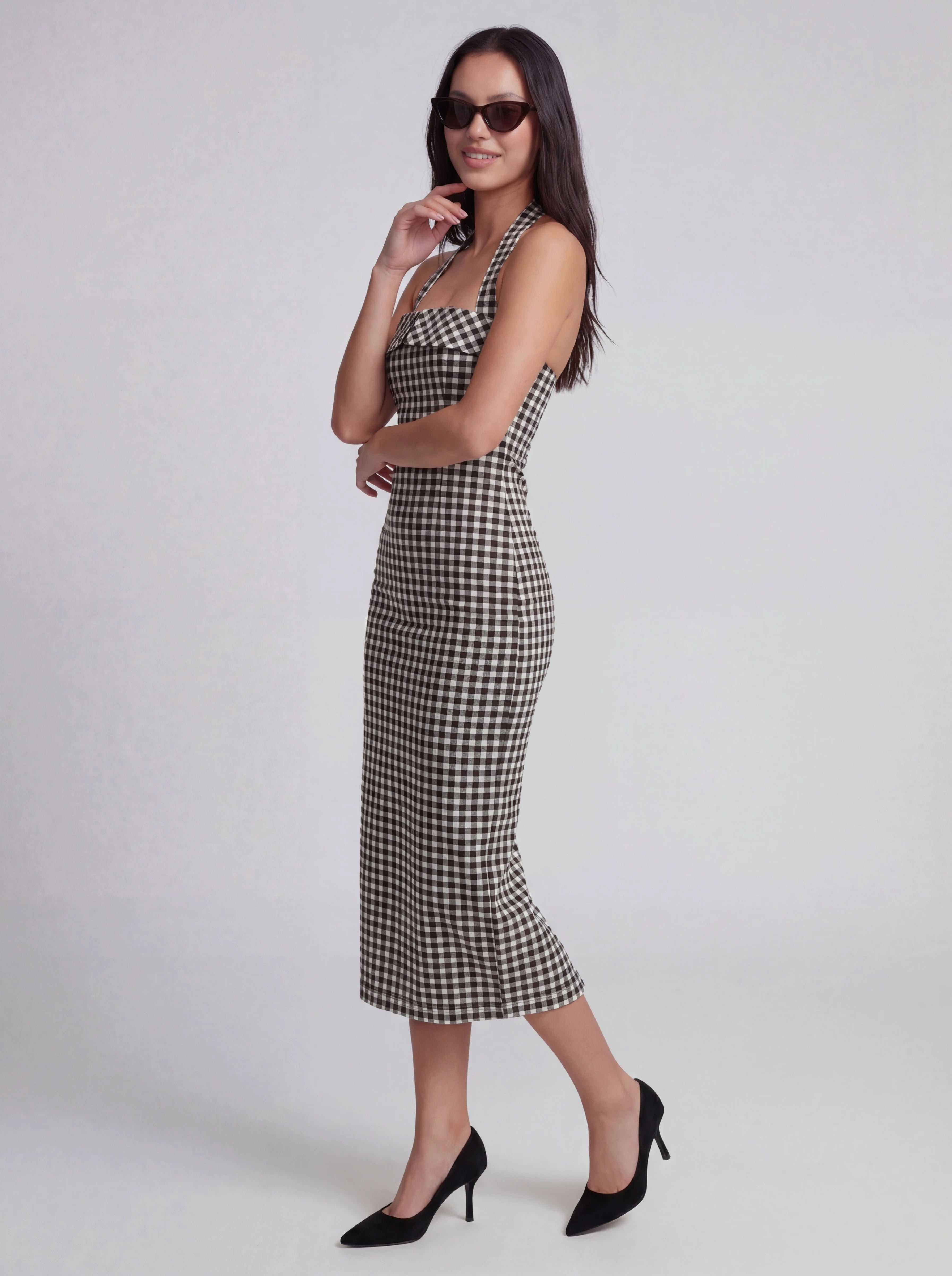 Gingham Halter Bodycon Midi Dress