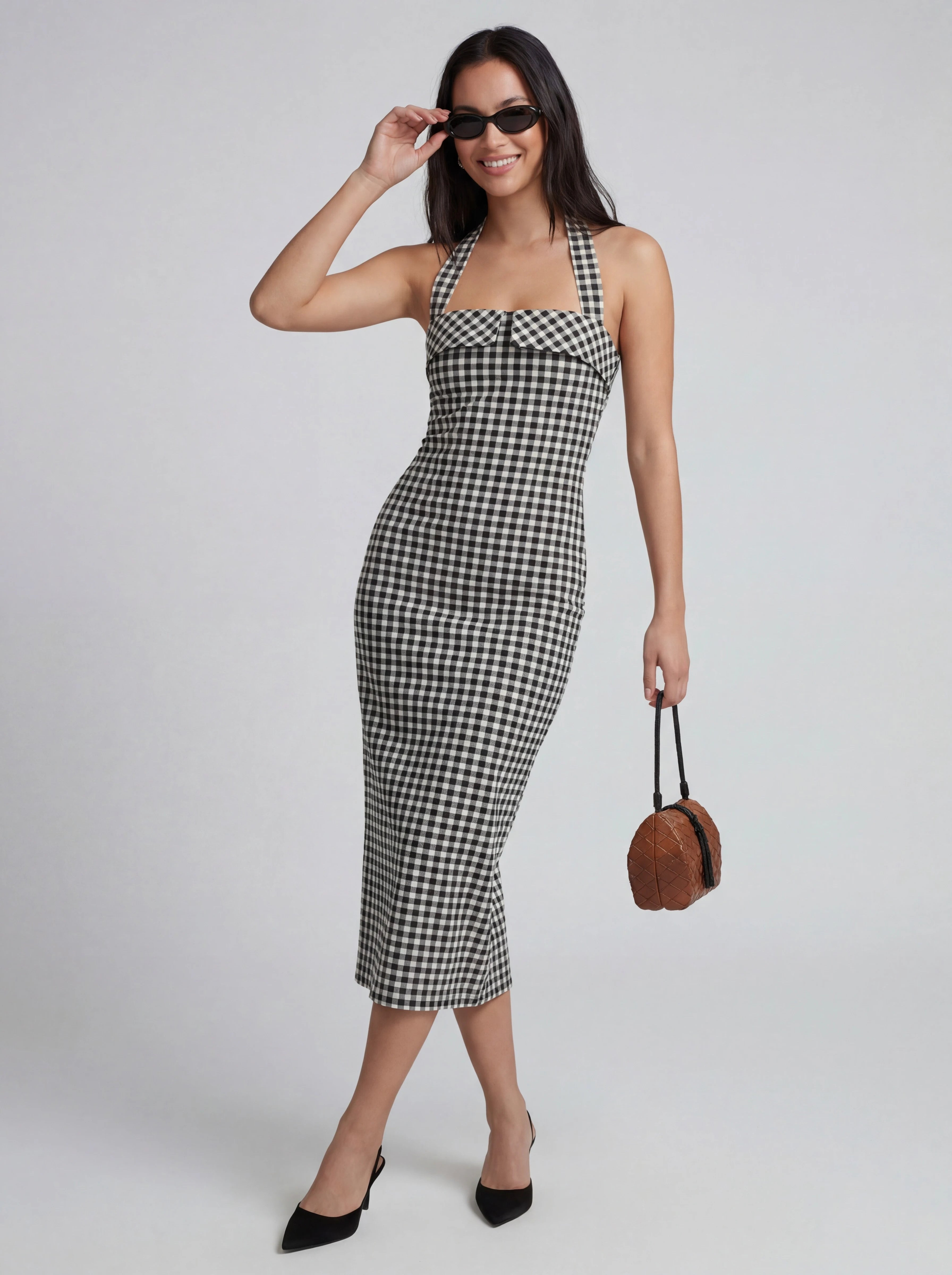 Gingham Halter Bodycon Midi Dress