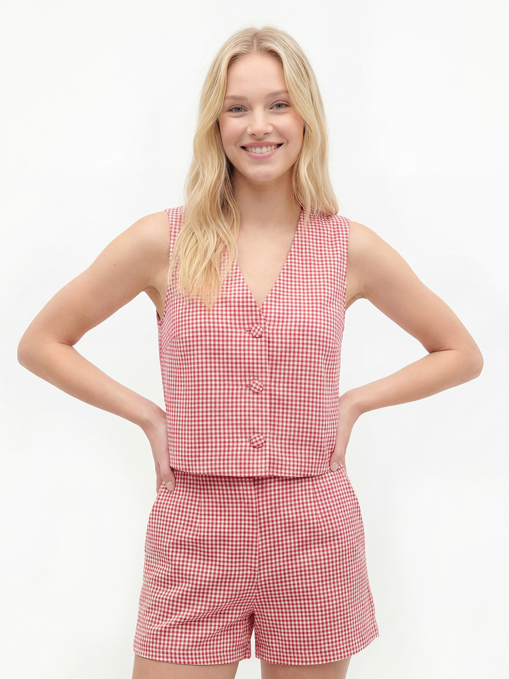 Gingham Linen Vest Set