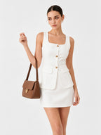 Gold Button Square Neck Skirt Set