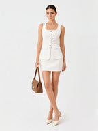 Gold Button Square Neck Skirt Set