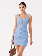 Gold Button Square Neck Skirt Set