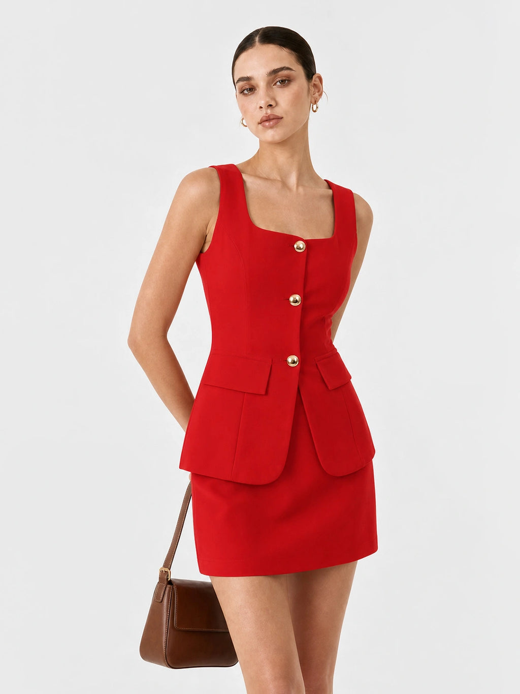 Gold Button Square Neck Skirt Set