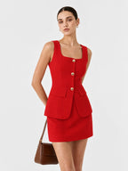 Gold Button Square Neck Skirt Set