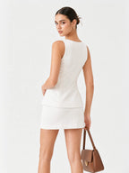 Gold Button Square Neck Skirt Set