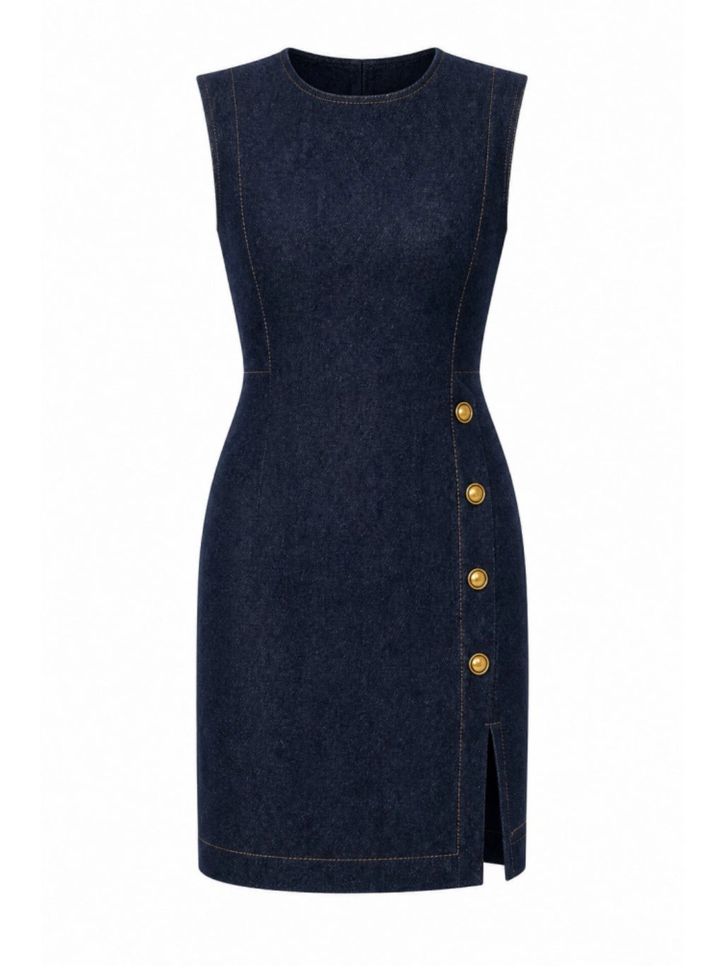 Gold Button Slit Denim Mini Dress