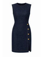 Gold Button Slit Denim Mini Dress