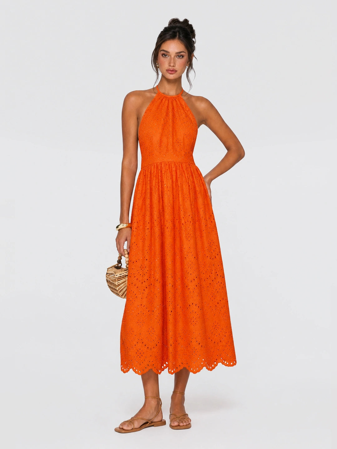 Halter Eyelet Cotton Backless Maxi Dress