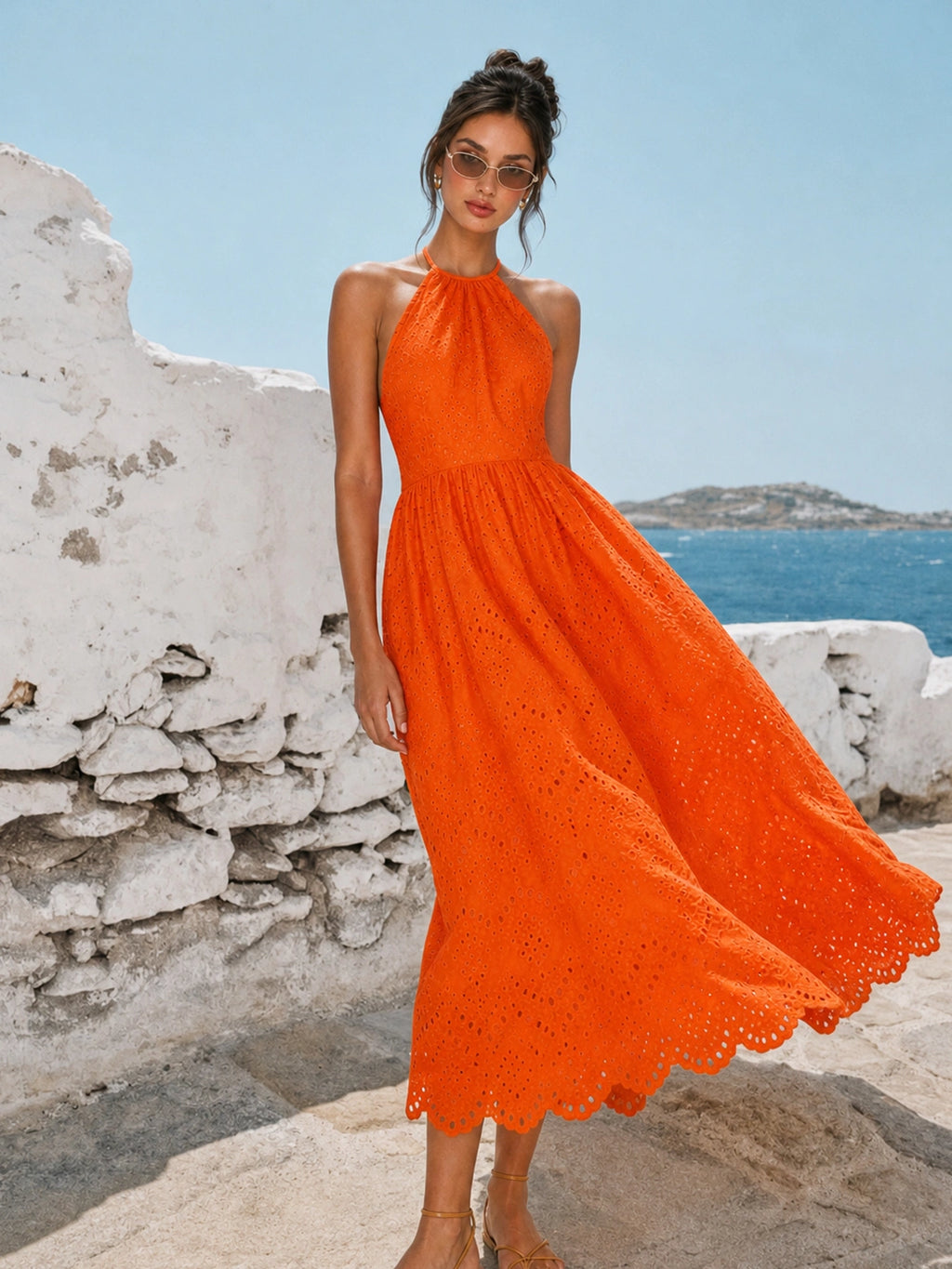 Halter Eyelet Cotton Backless Maxi Dress