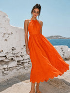 Halter Eyelet Cotton Backless Maxi Dress