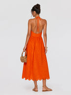 Halter Eyelet Cotton Backless Maxi Dress