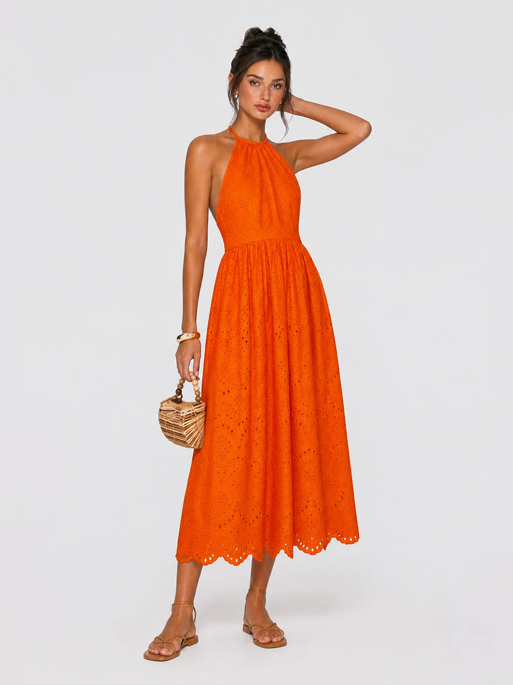 Halter Eyelet Cotton Backless Maxi Dress