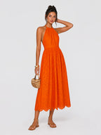 Halter Eyelet Cotton Backless Maxi Dress