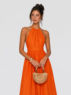 Halter Eyelet Cotton Backless Maxi Dress